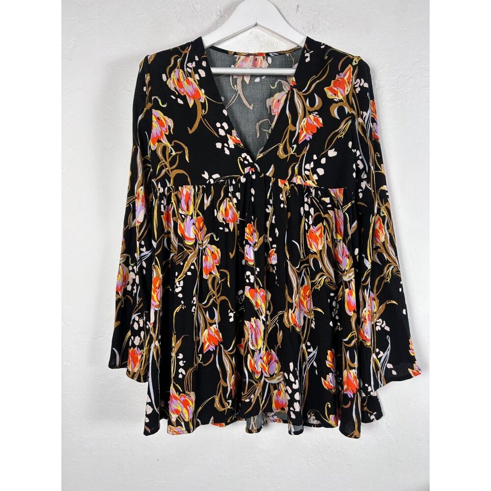 Free People Womens Black Floral Bella Bell Sleeve Boho Tunic Top Small NWOT